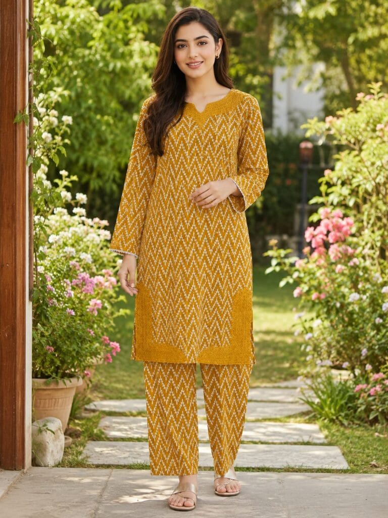 Mustard 2 piece stitched lawn suit with white zigzag print for women