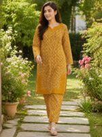 Mustard 2 piece stitched lawn suit with white zigzag print for women