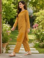 Mustard 2 piece stitched lawn suit with white zigzag print for women