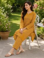Mustard 2 piece stitched lawn suit with white zigzag print for women