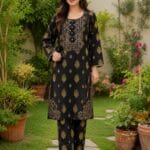 Black gold 2 piece stitched lawn suit with traditional motif print for women