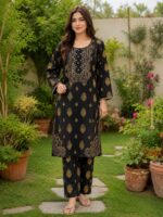 Black gold 2 piece stitched lawn suit with traditional motif print for women