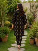 Black gold 2 piece stitched lawn suit with traditional motif print for women