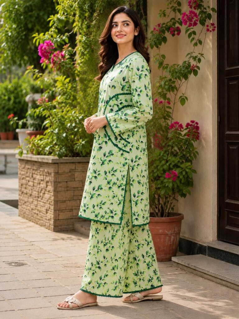 light green 2 piece Stitched Lawn Suit