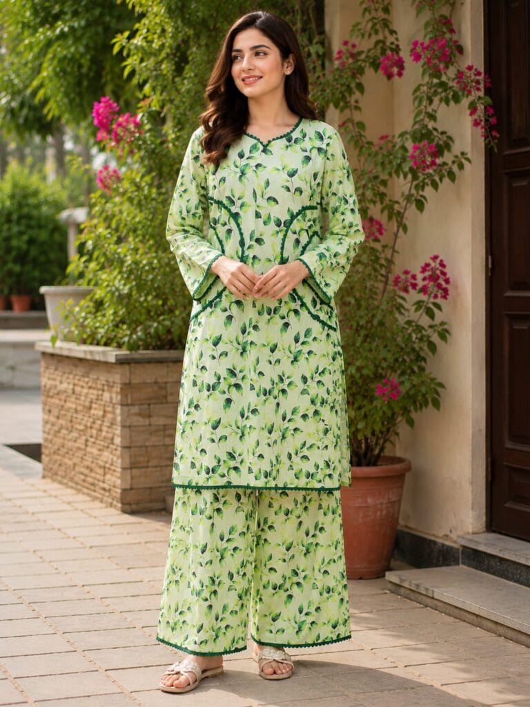 light green 2 piece Stitched Lawn Suit