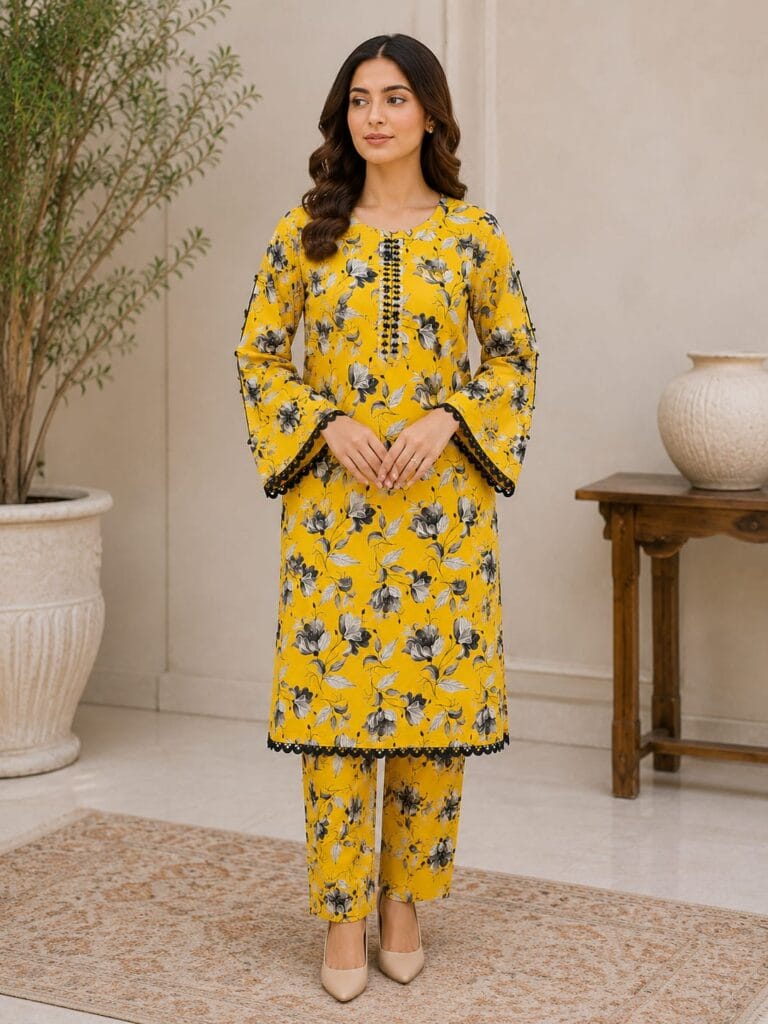 Yellow Printed 2 Piece Stitched Lawn Suit