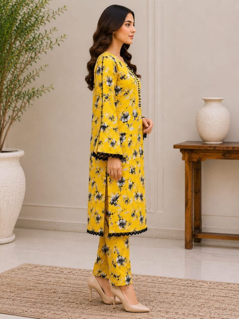 Yellow Printed 2 Piece Stitched Lawn Suit