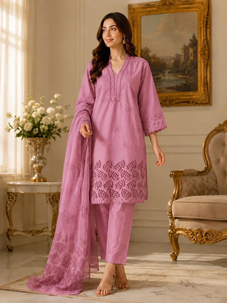 3 piece cotton embroidered suit with dupatta for ladies