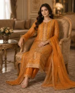 mustard 3 piece organza suit