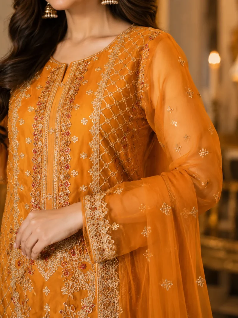 mustard 3 piece organza suit