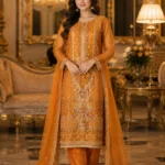 mustard 3 piece organza suit