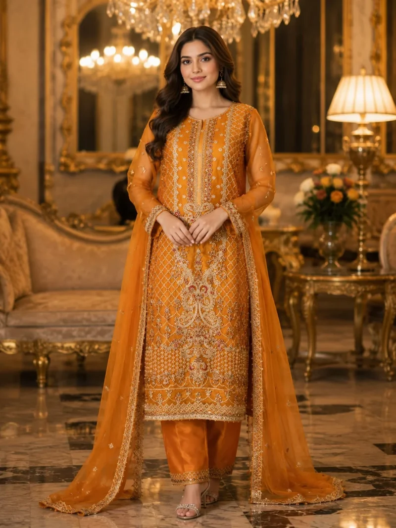 mustard 3 piece organza suit