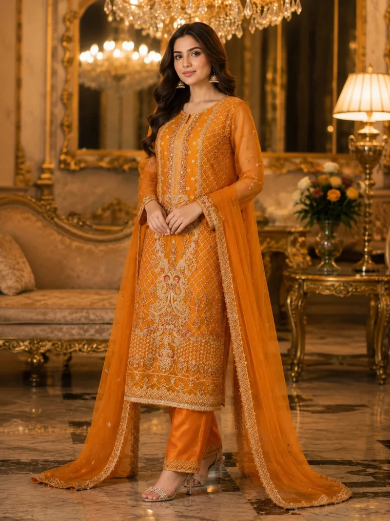 Homepage 18 mustard 3 piece organza suit