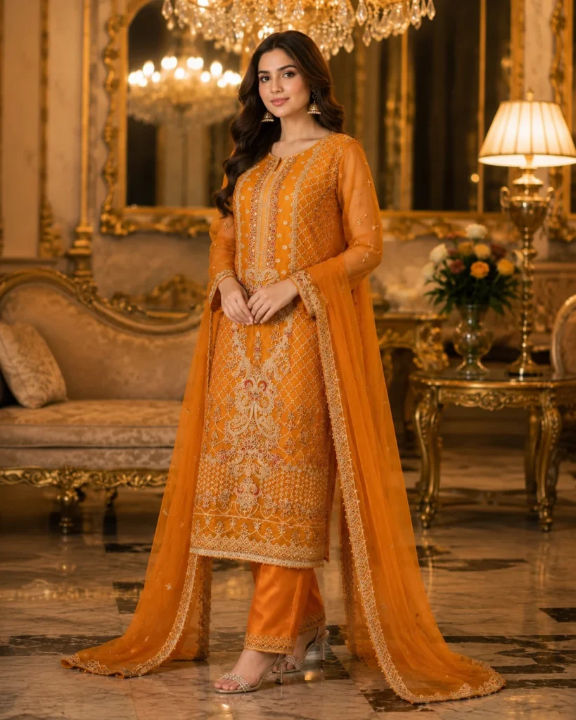 mustard 3 piece organza suit