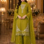 Olive green 3 piece organza suit with white front work, palazzo and matching dupatta