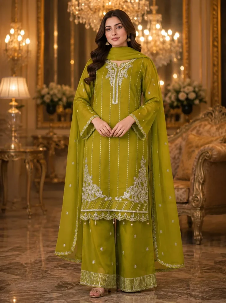 Olive green 3 piece organza suit with white front work, palazzo and matching dupatta