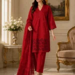 Red 3 piece cotton embroidered suit with dupatta for ladies