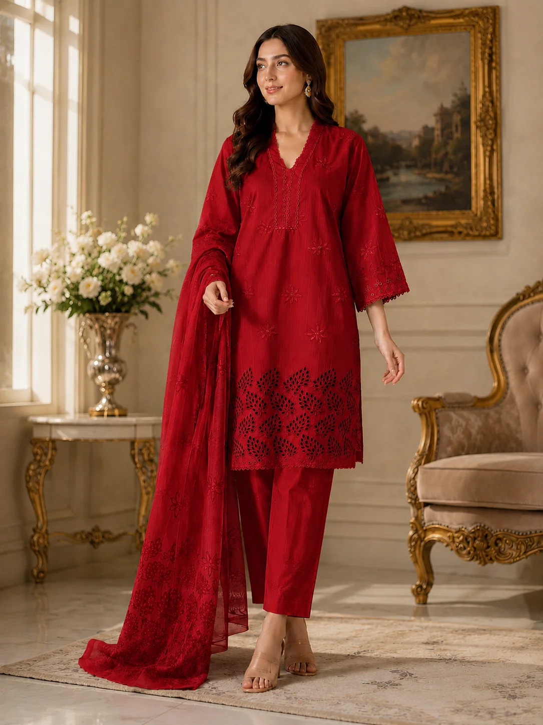 Red Cotton Embroidered Ladies Suit Red 3 piece cotton embroidered suit with dupatta for ladies