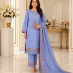 Blue 3 piece lawn embroidered suit with dupatta for women