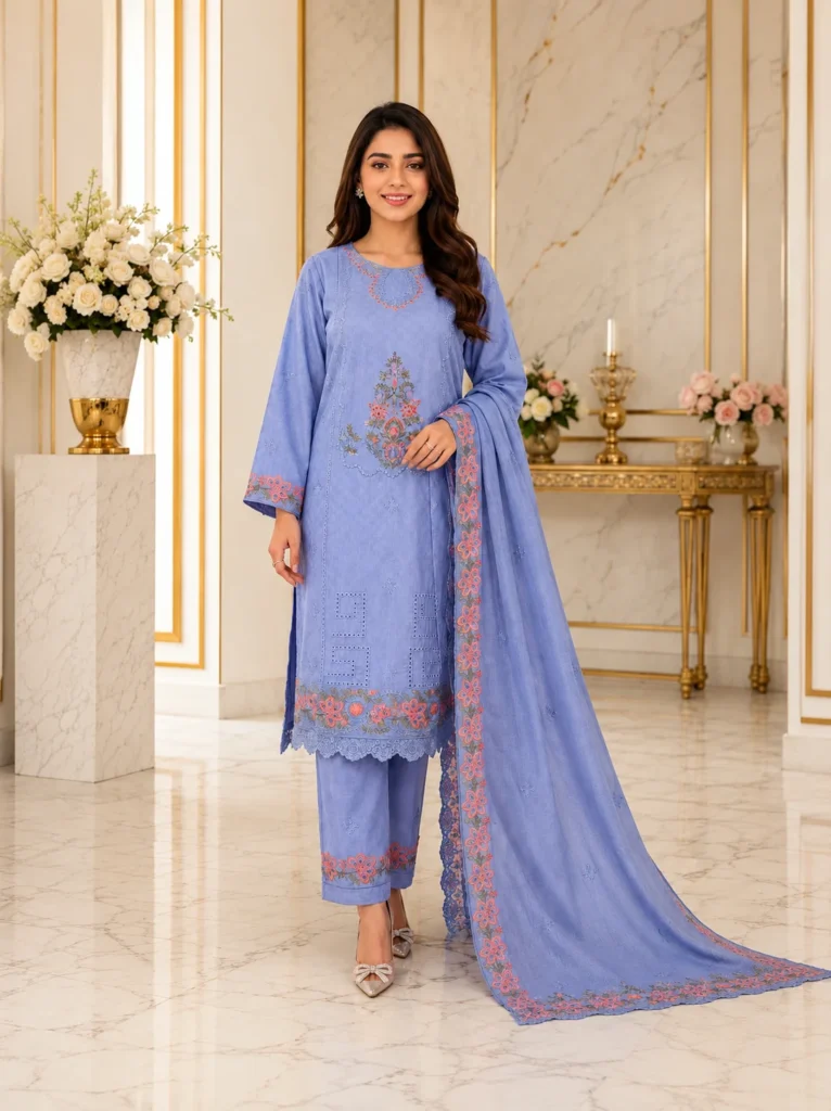 Blue 3 piece lawn embroidered suit with dupatta for women