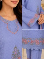 Blue 3 piece lawn embroidered suit with dupatta for women neck