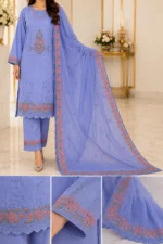 Blue 3 piece lawn embroidered suit with dupatta for women close up