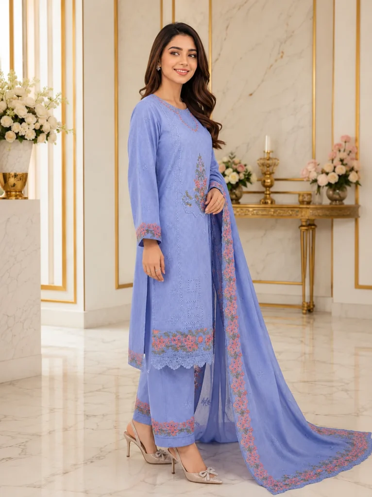 Blue 3 piece lawn embroidered suit with dupatta for women side view