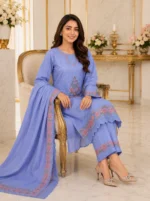 Blue 3 piece lawn embroidered suit with dupatta for women sitting pose