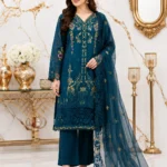 Teal blue 3 piece stitched lawn suit with embroidered shirt and organza dupatta front view