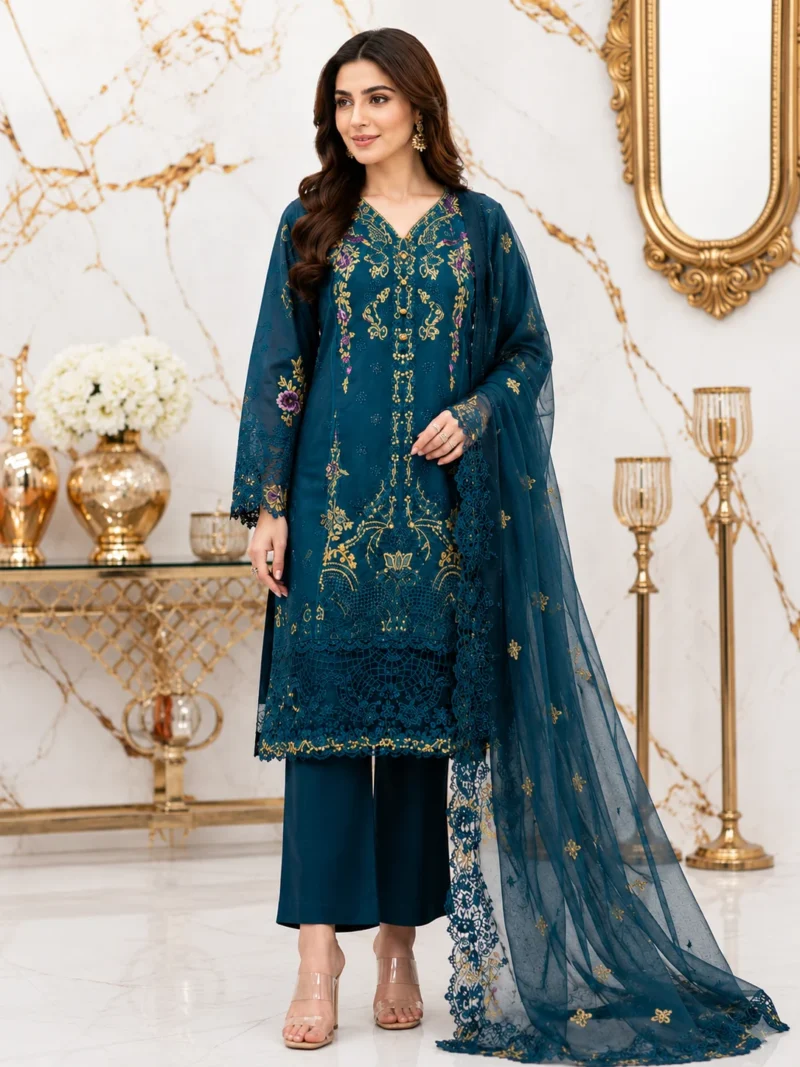 Teal blue 3 piece stitched lawn suit with embroidered shirt and organza dupatta front view