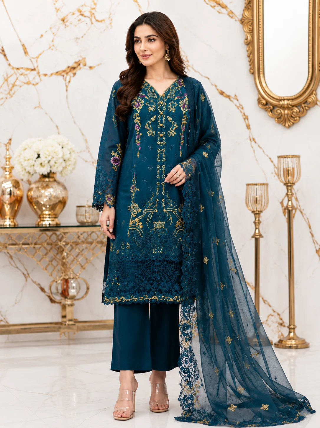 front view teal-blue-3-piece-stitched-lawn-suit-organza-dupatta-ar-pehnawa Teal blue 3 piece stitched lawn suit with embroidered shirt and organza dupatta front view