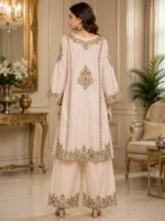 Ivory Cotton Embroidered 2 Piece Suit with wide-leg palazzo