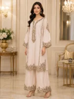 Ivory Cotton Embroidered 2 Piece Suit with wide-leg palazzo