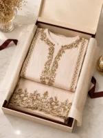 Ivory Cotton Embroidered 2 Piece Suit with Wide-Leg Palazzo - Image 2