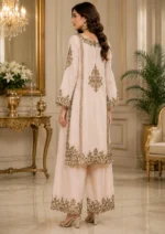 Ivory Cotton Embroidered 2 Piece Suit with wide-leg palazzo