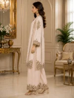 Ivory Cotton Embroidered 2 Piece Suit with wide-leg palazzo