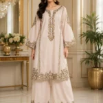 Ivory Cotton Embroidered 2 Piece Suit with wide-leg palazzo