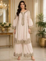 Ivory Cotton Embroidered 2 Piece Suit with wide-leg palazzo