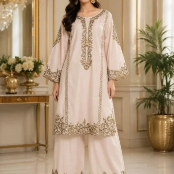 Ivory Cotton Embroidered 2 Piece Suit with wide-leg palazzo