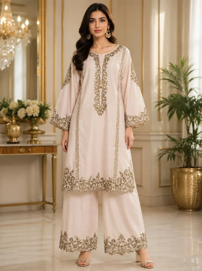 Ivory Cotton Embroidered 2 Piece Suit with wide-leg palazzo
