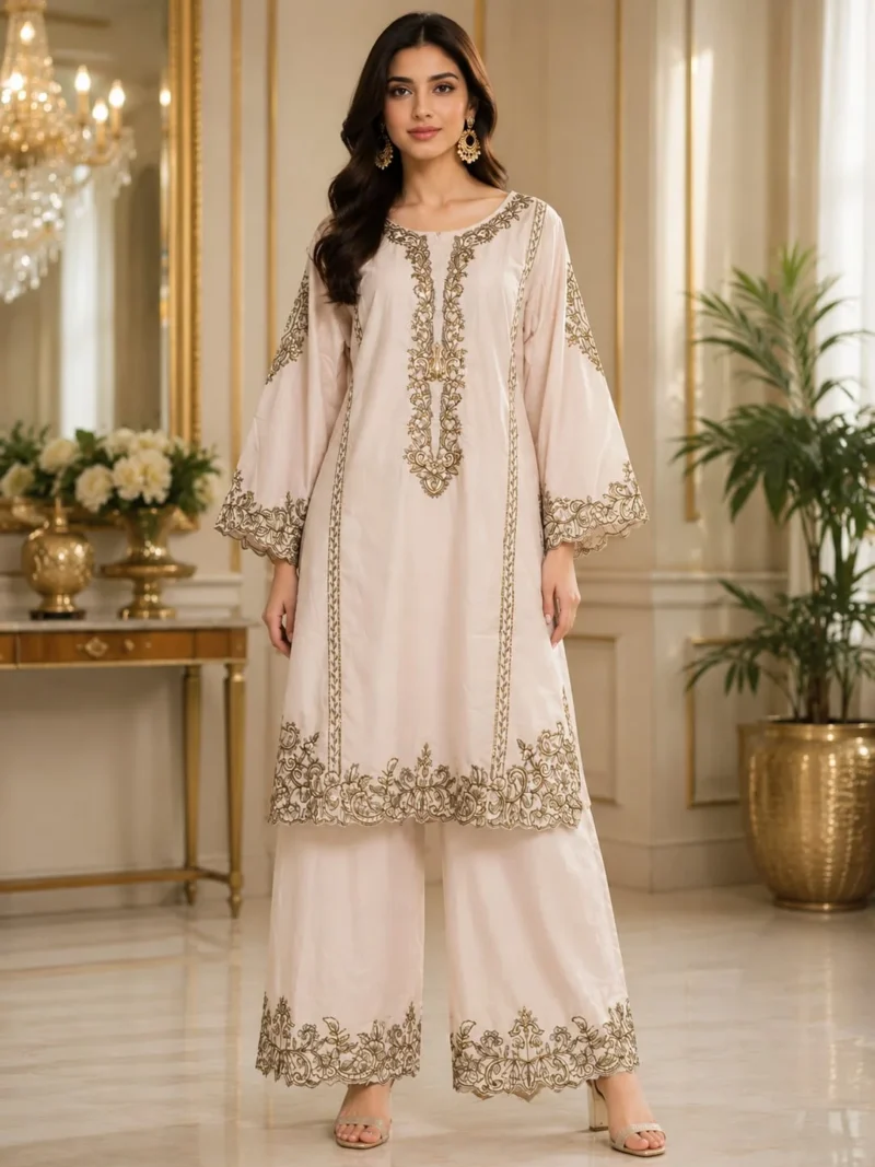 Ivory Cotton Embroidered 2 Piece Suit with wide-leg palazzo