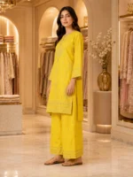 Lemon Yellow 2 Piece Cotton Suit with embroidered shirt and wide-leg trouser