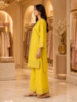 Lemon Yellow 2 Piece Cotton Suit with embroidered shirt and wide-leg trouser