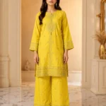 Lemon Yellow 2 Piece Cotton Suit with embroidered shirt and wide-leg trouser