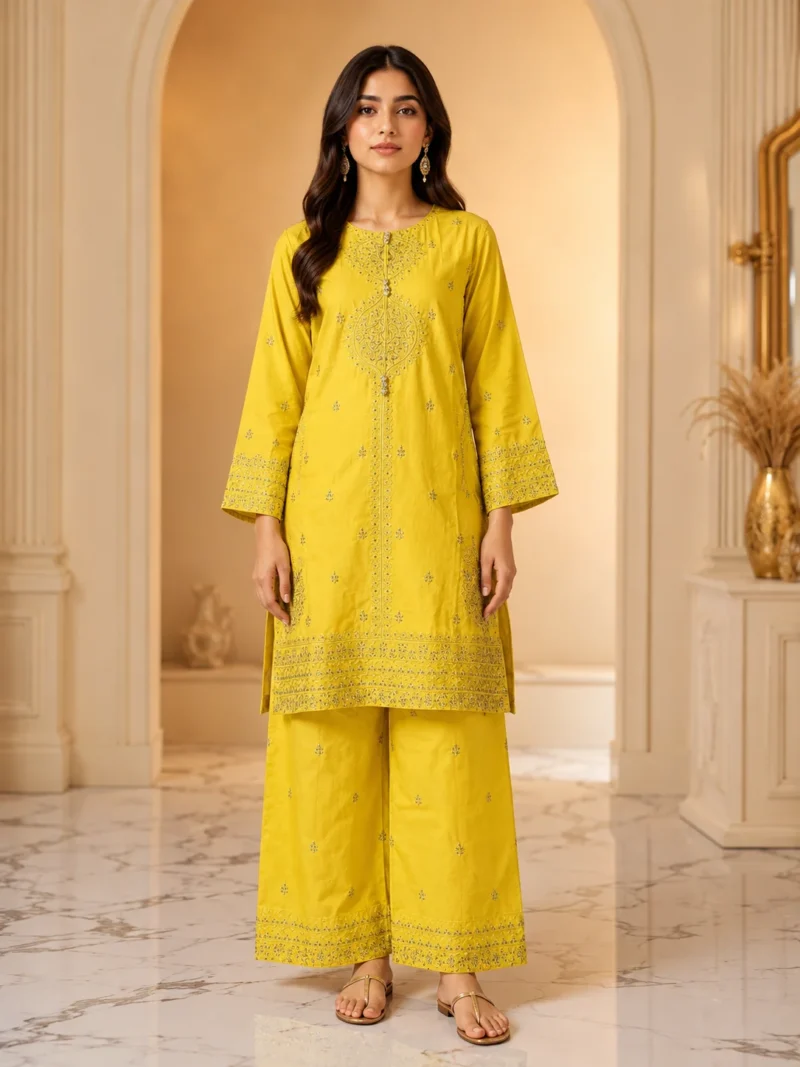 Lemon Yellow 2 Piece Cotton Suit with embroidered shirt and wide-leg trouser