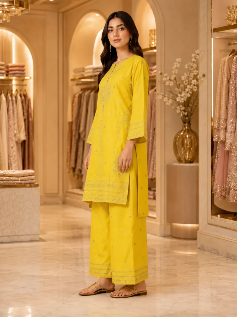 Lemon Yellow 2 Piece Cotton Suit with embroidered shirt and wide-leg trouser