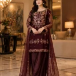 maroon 3 piece organza suit