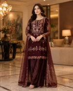 maroon 3 piece organza suit