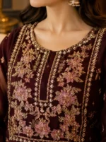 maroon 3 piece organza suit