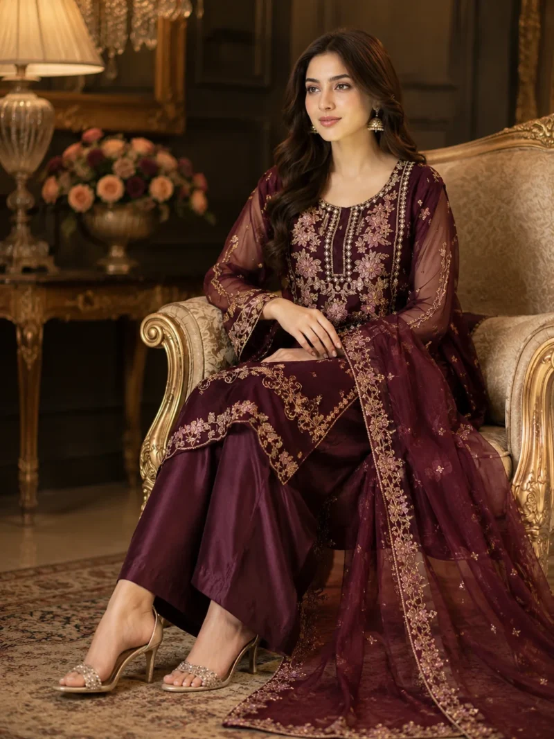 maroon 3 piece organza suit